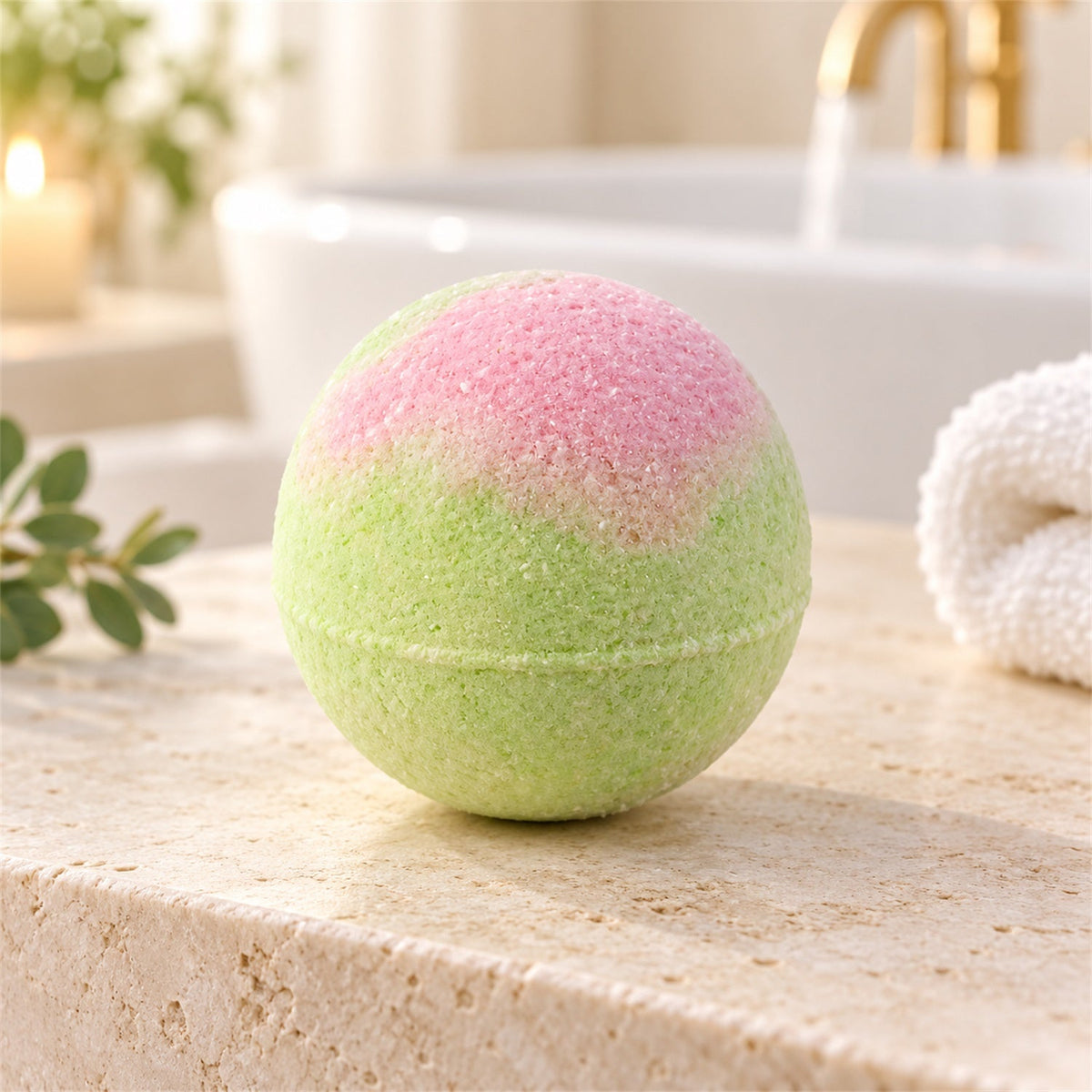 A two-toned pink and green bath bomb rests on a textured stone surface in a softly lit bathroom.