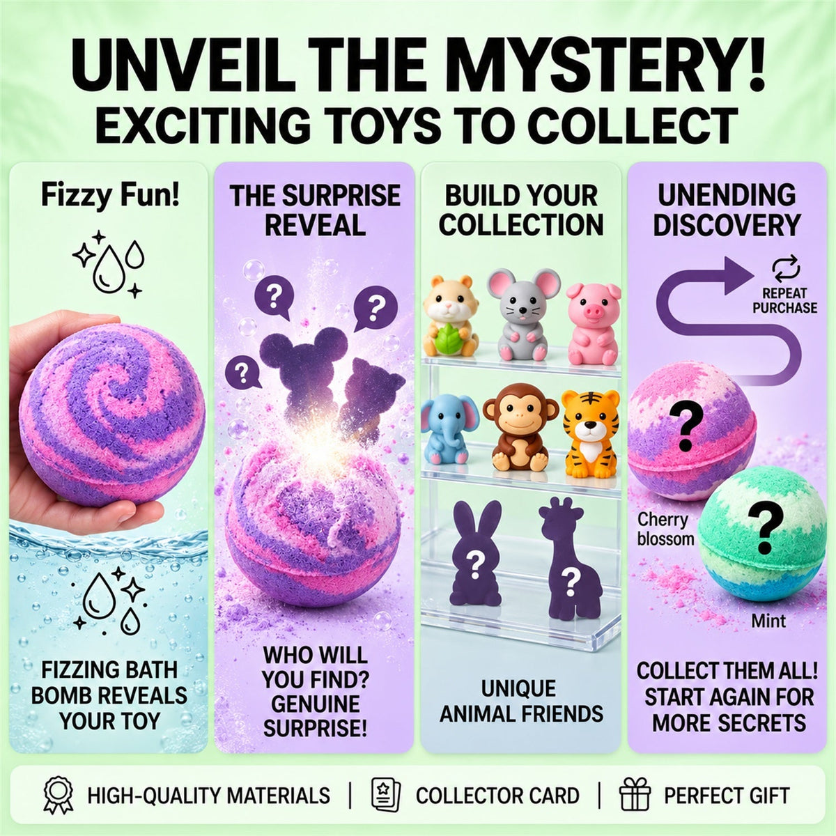 Illustration showing a bath bomb dissolving to reveal a toy