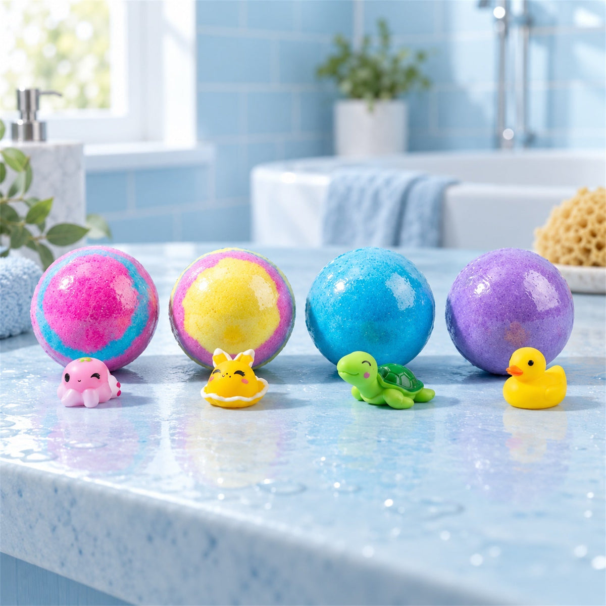 Four colorful bath bombs with small plastic toys, including an octopus, fox, turtle, and duck, on a wet bathroom counter.