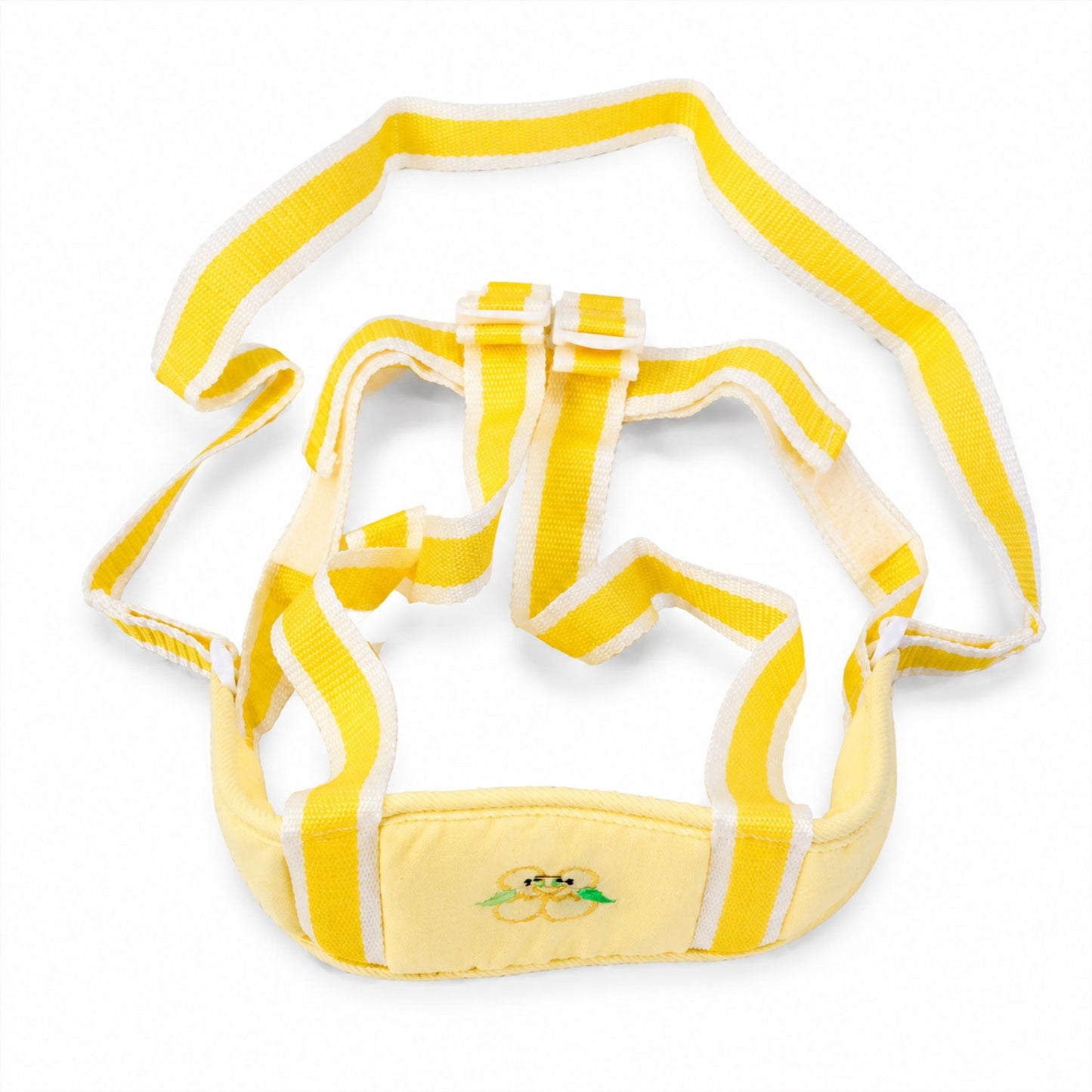 Toddler learning to walk with supportive harness, cheerful design in yellow