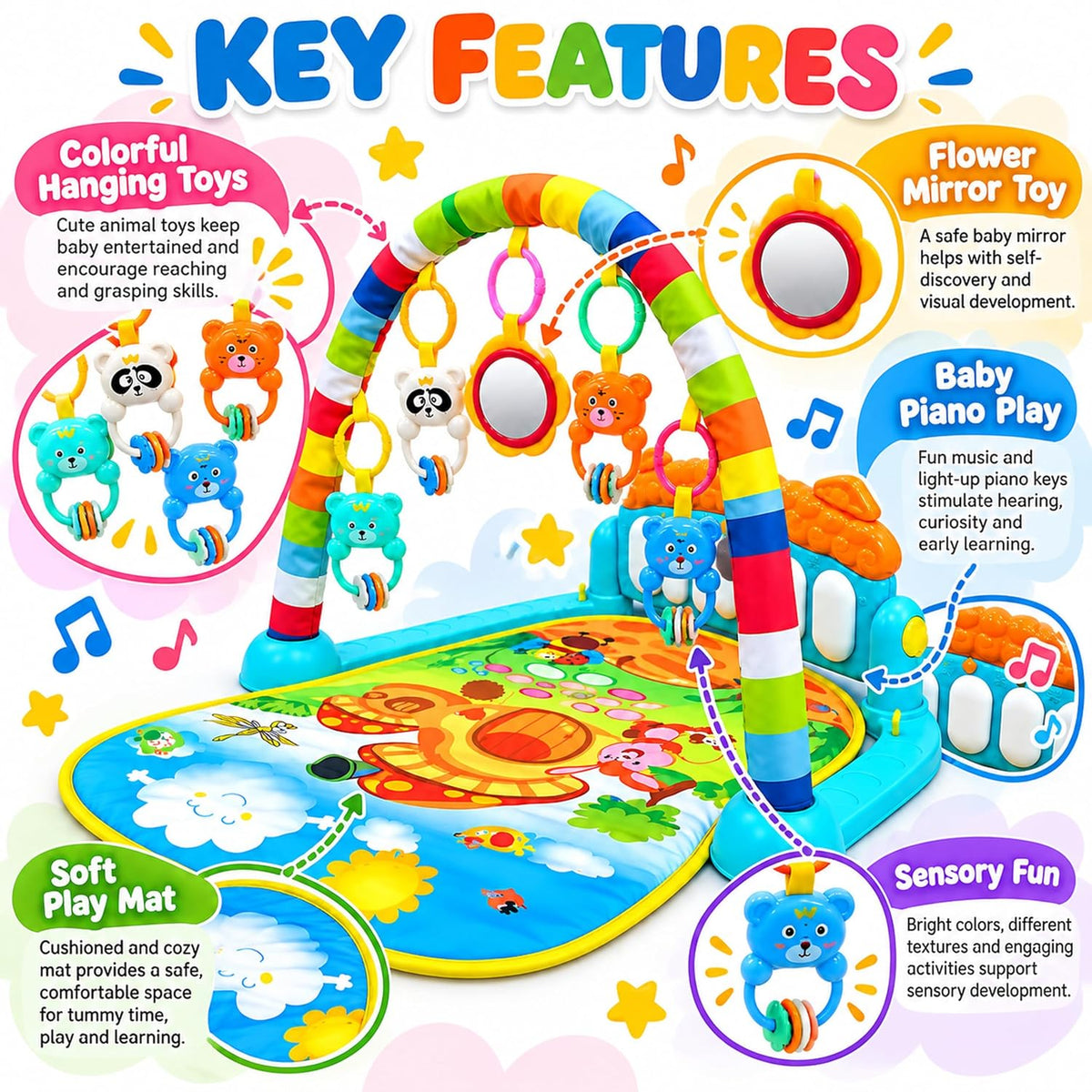 Baby Piano Gym Activity Play Mat with Hanging Toys and Music Keys (1 Set)