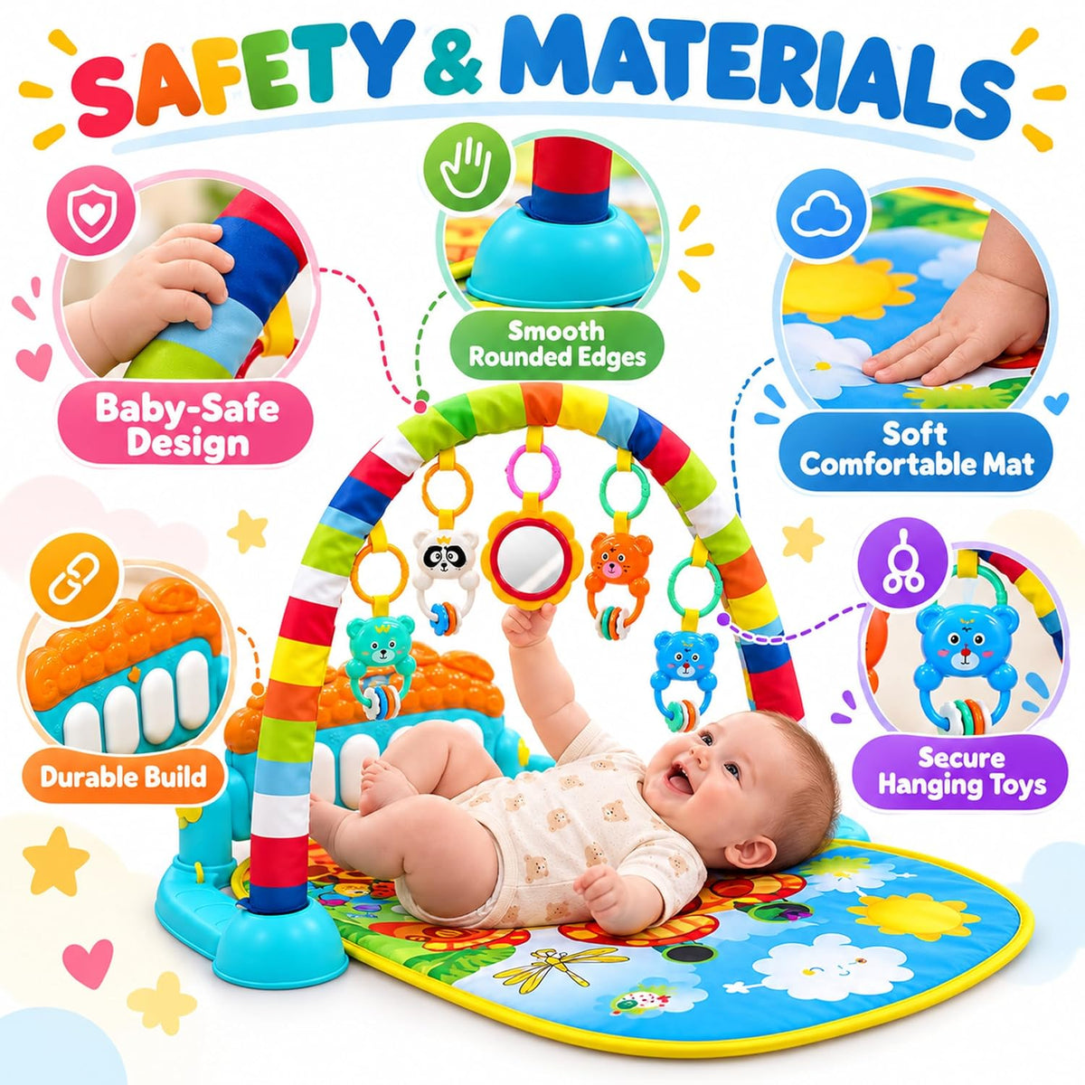 Baby Piano Gym Activity Play Mat with Hanging Toys and Music Keys (1 Set)