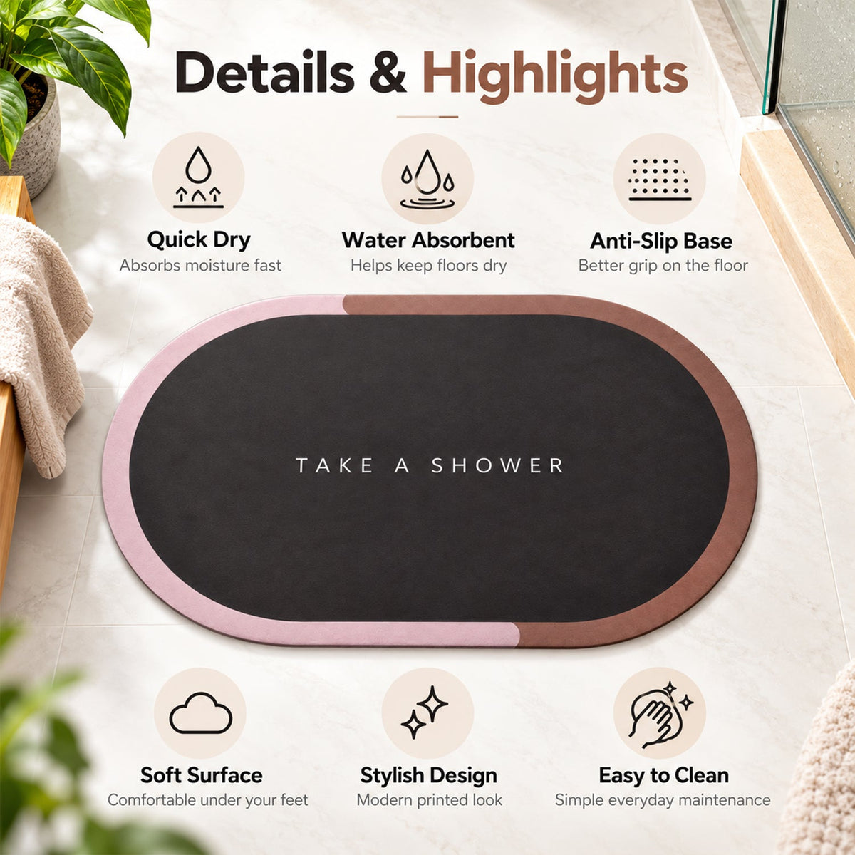A dark oval bath mat with a pink and brown border is shown on a tiled floor, surrounded by text highlighting its features.