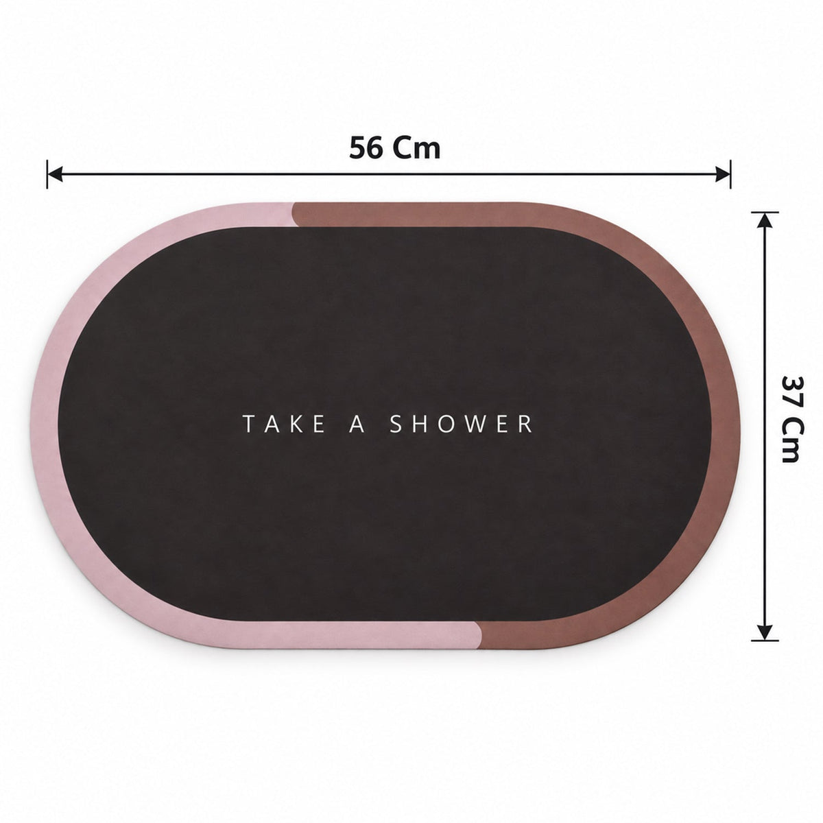 A dark oval bath mat with a pink and brown border is shown with dimensions of 56 cm by 37 cm.