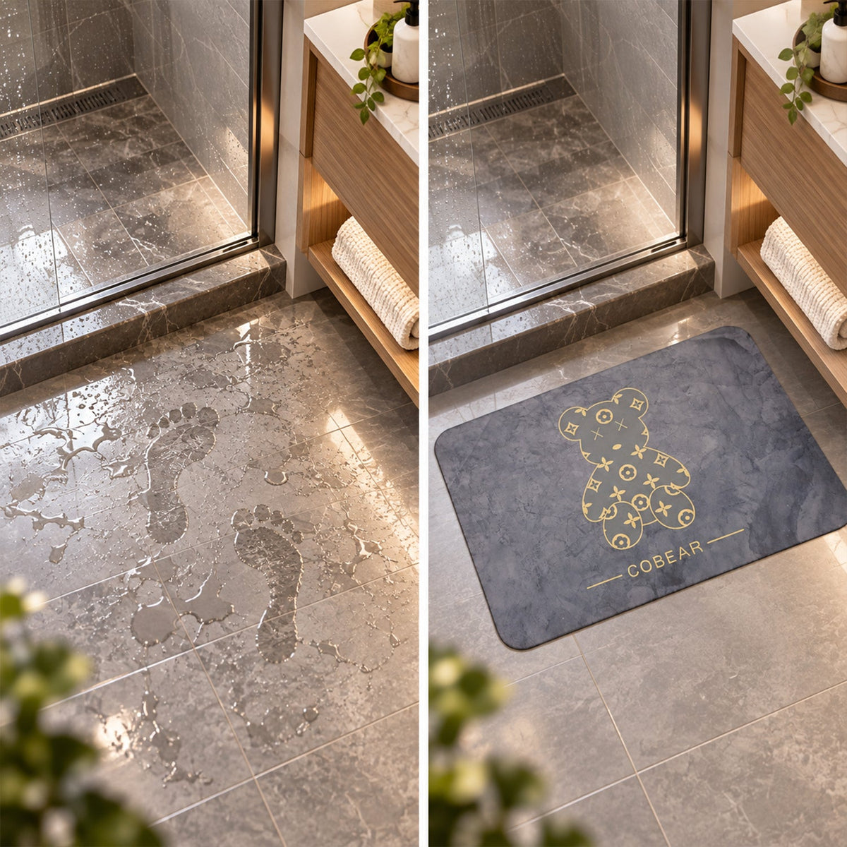 A split image shows wet footprints on a tiled floor on the left, and the dry bath mat on the right.