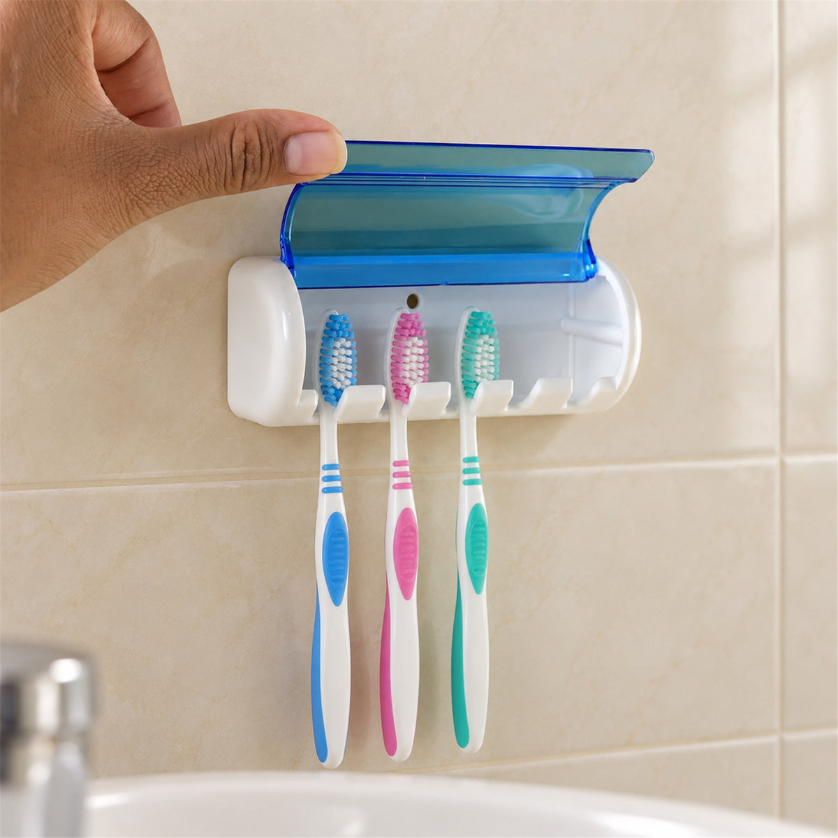 Wall Mounted Toothbrush Holder with Protective Cover (1 Pc)
