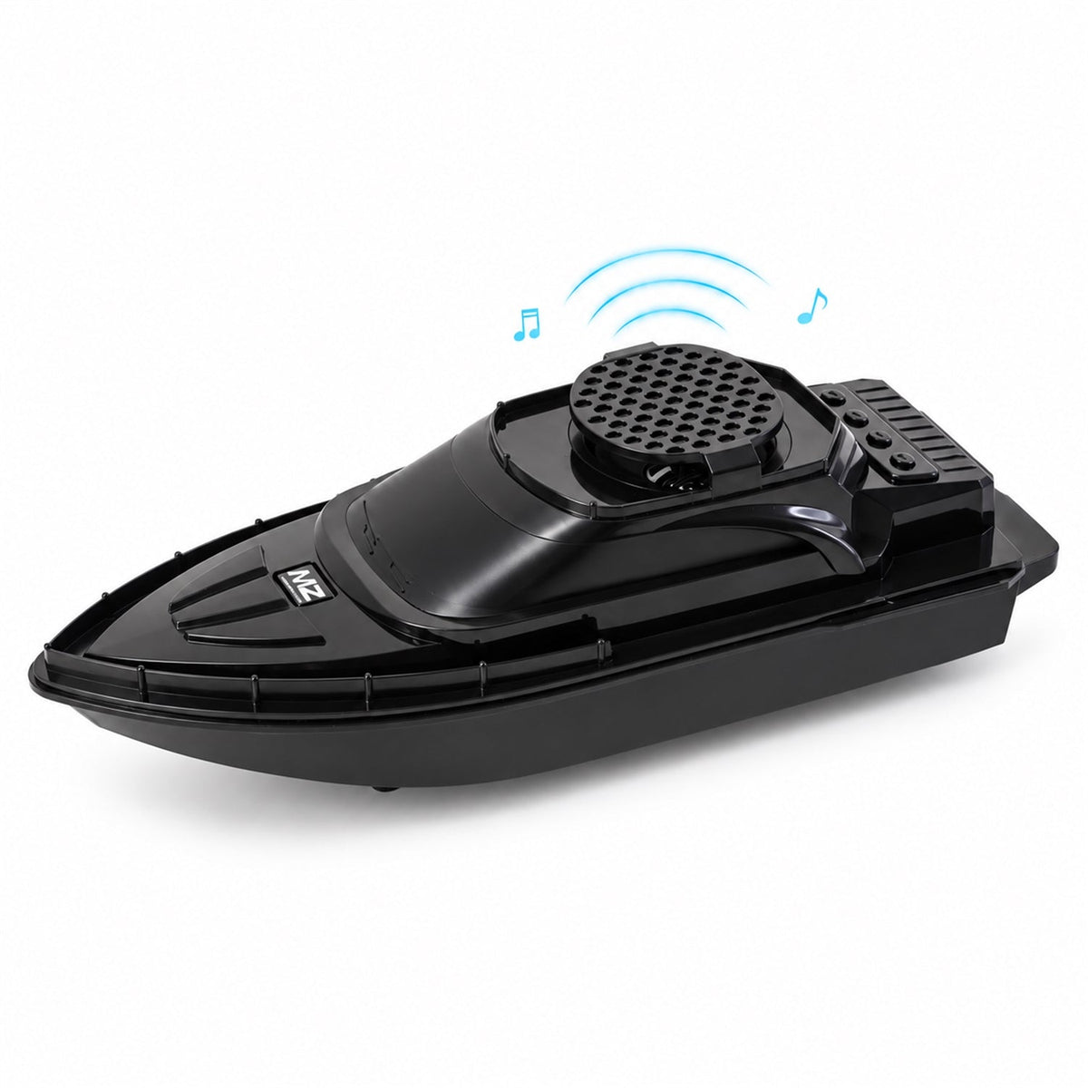 A sleek black boat-shaped wireless speaker with a textured top grille is presented on a clean white background.
