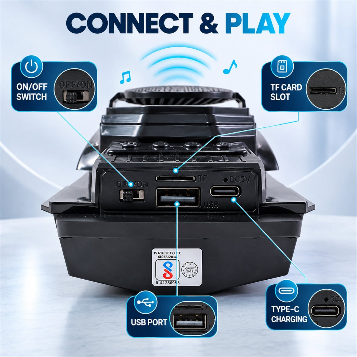The rear of the black speaker shows detailed ports for USB, TF card, and Type-C charging, with an on/off switch.