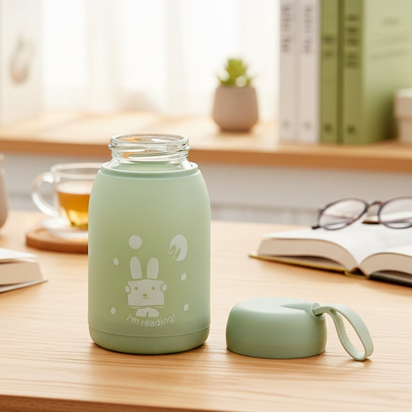 Close-up view of insulated glass water bottle featuring rabbit print