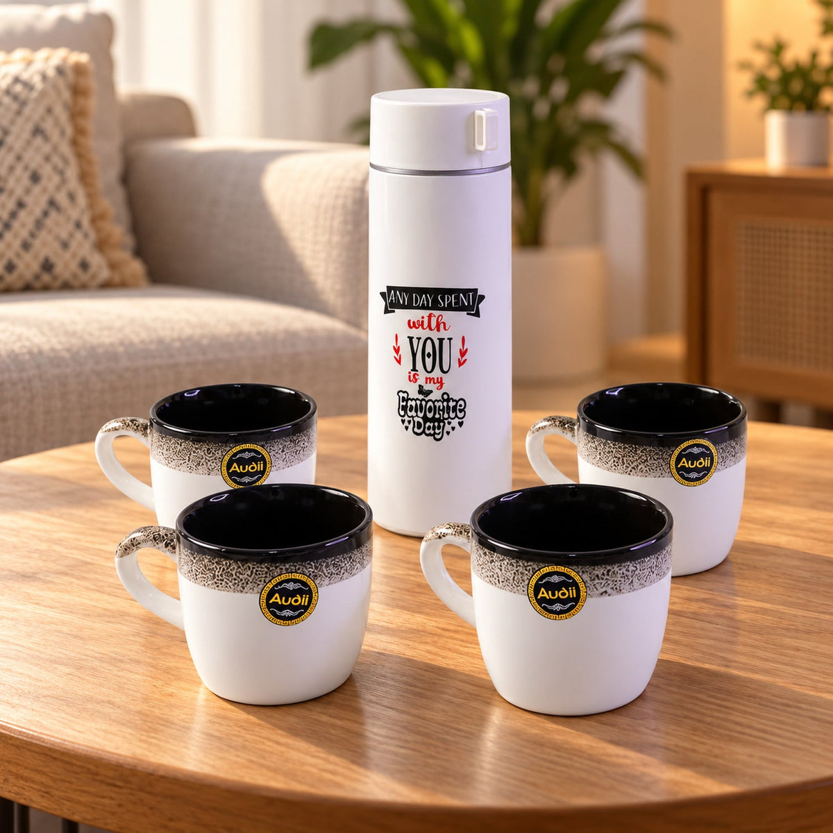 Gift box with a white bottle and four white ceramic mugs, presented on a light wood surface against a tiled wall.