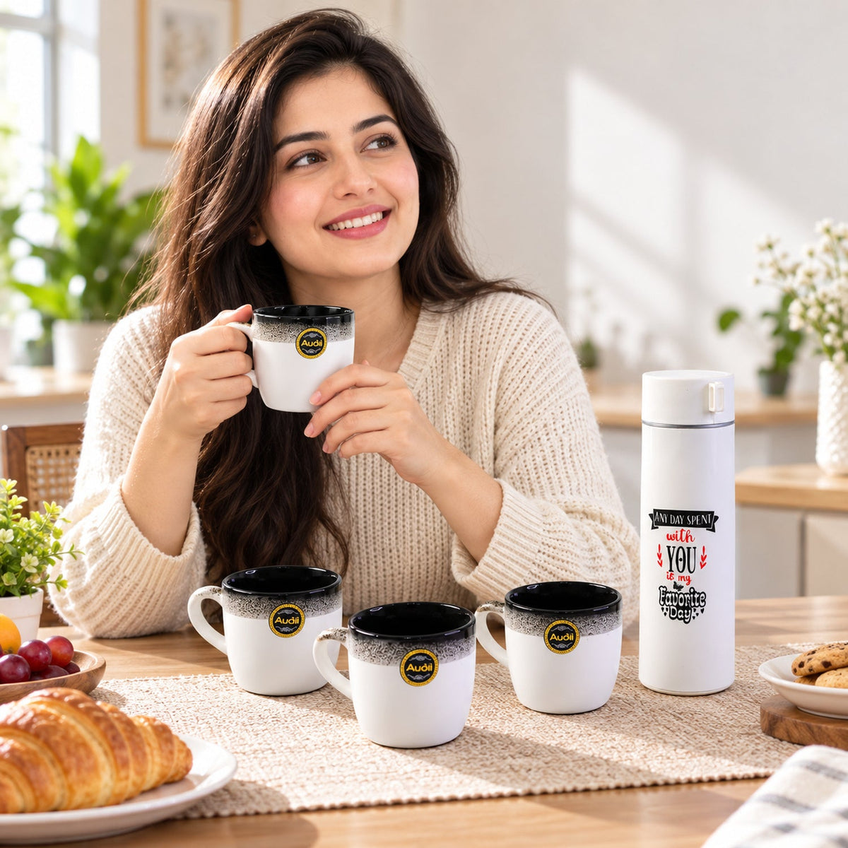 Top-down view of an open gift box containing a white bottle and four white ceramic mugs, with dimensions shown.