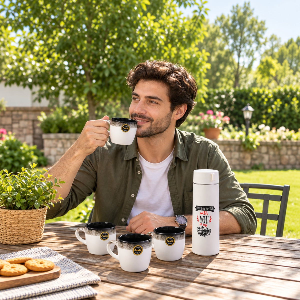 White bottle and four white ceramic mugs with black speckled rims and descriptive callouts on a wooden table.