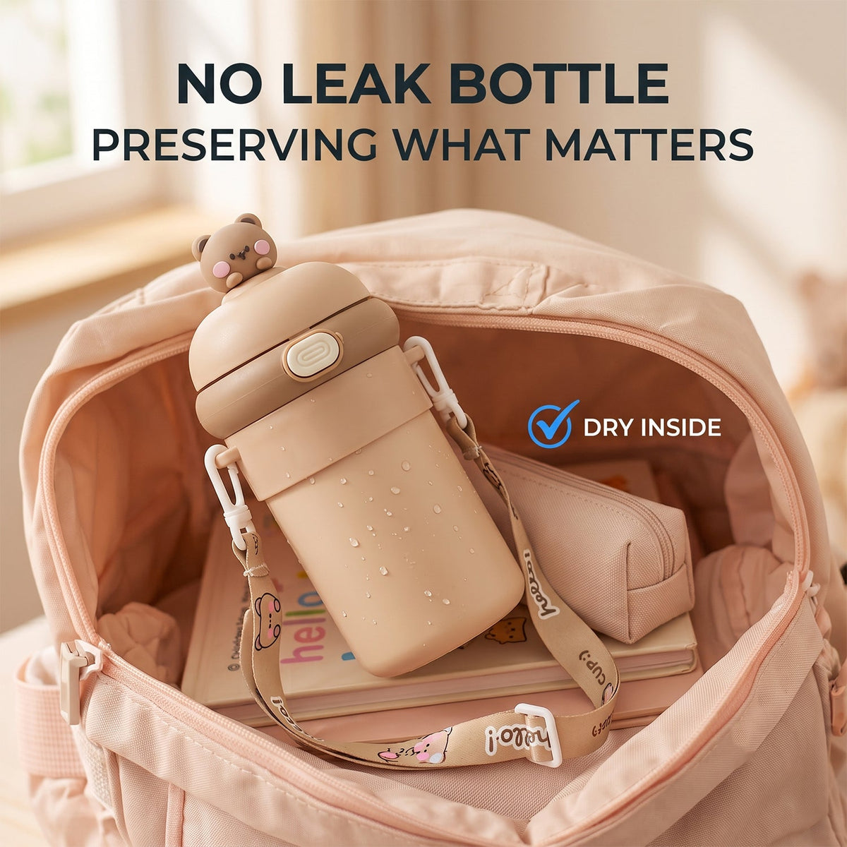A tan sipper bottle with a bear on top, placed inside a backpack, with text 'NO LEAK BOTTLE PRESERVING WHAT MATTERS'.