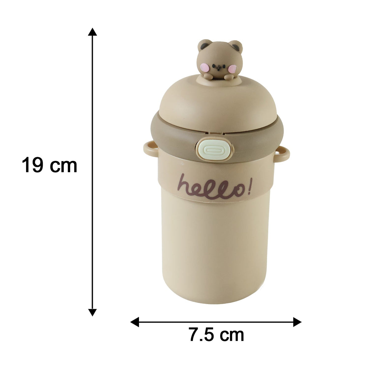 A tan sipper bottle with a bear on top, showing its dimensions: 19 cm height and 7.5 cm width.