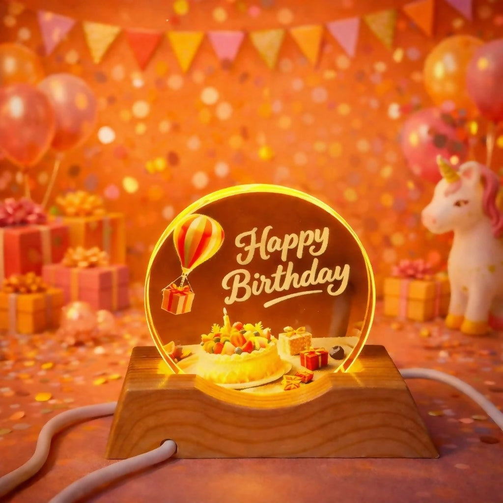 Happy Birthday LED Lamp Wooden Base Decorative Night Light