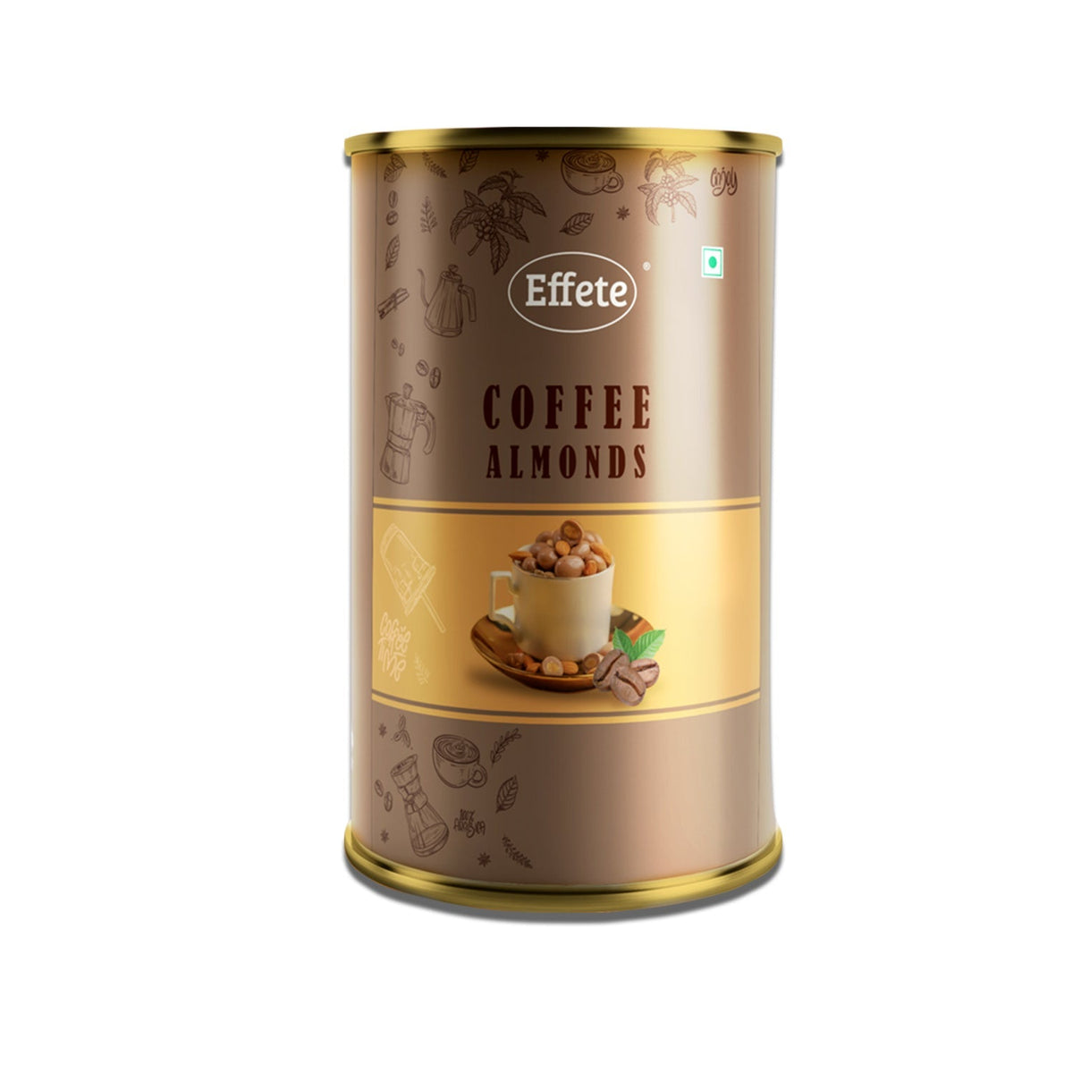 Brown and gold tin of coffee almonds with a white background.