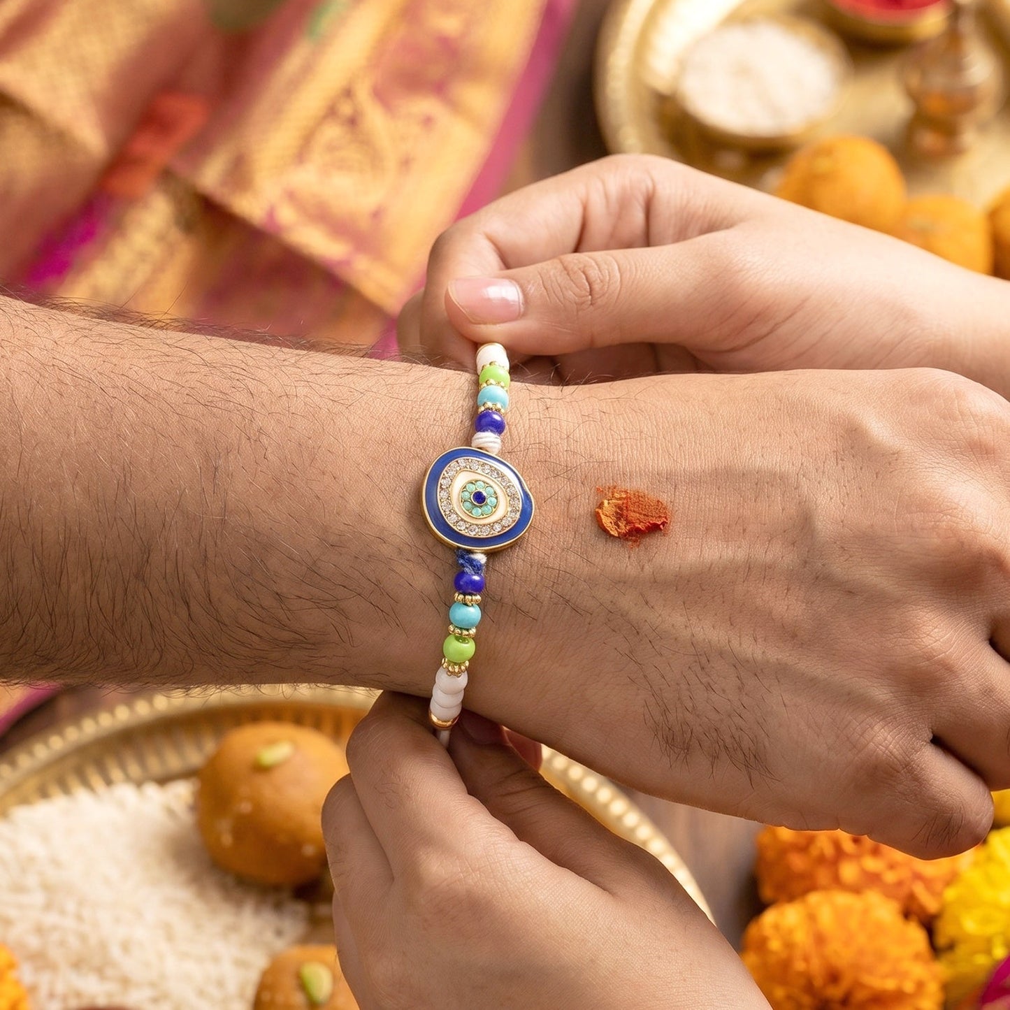 Decorative beads and traditional thread on Rakhi for Raksha Bandhan