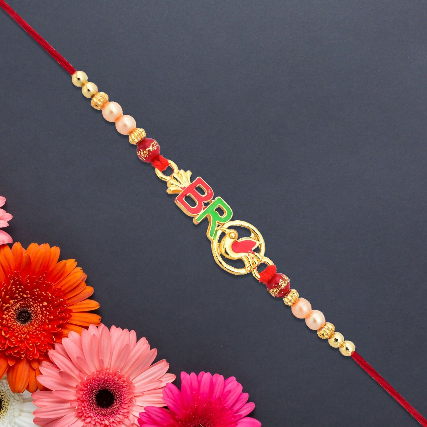 Close-up of Color Pop Bro Rakhi's intricate bright bead and thread work symbolizing festive Raksha Bandhan bracelet