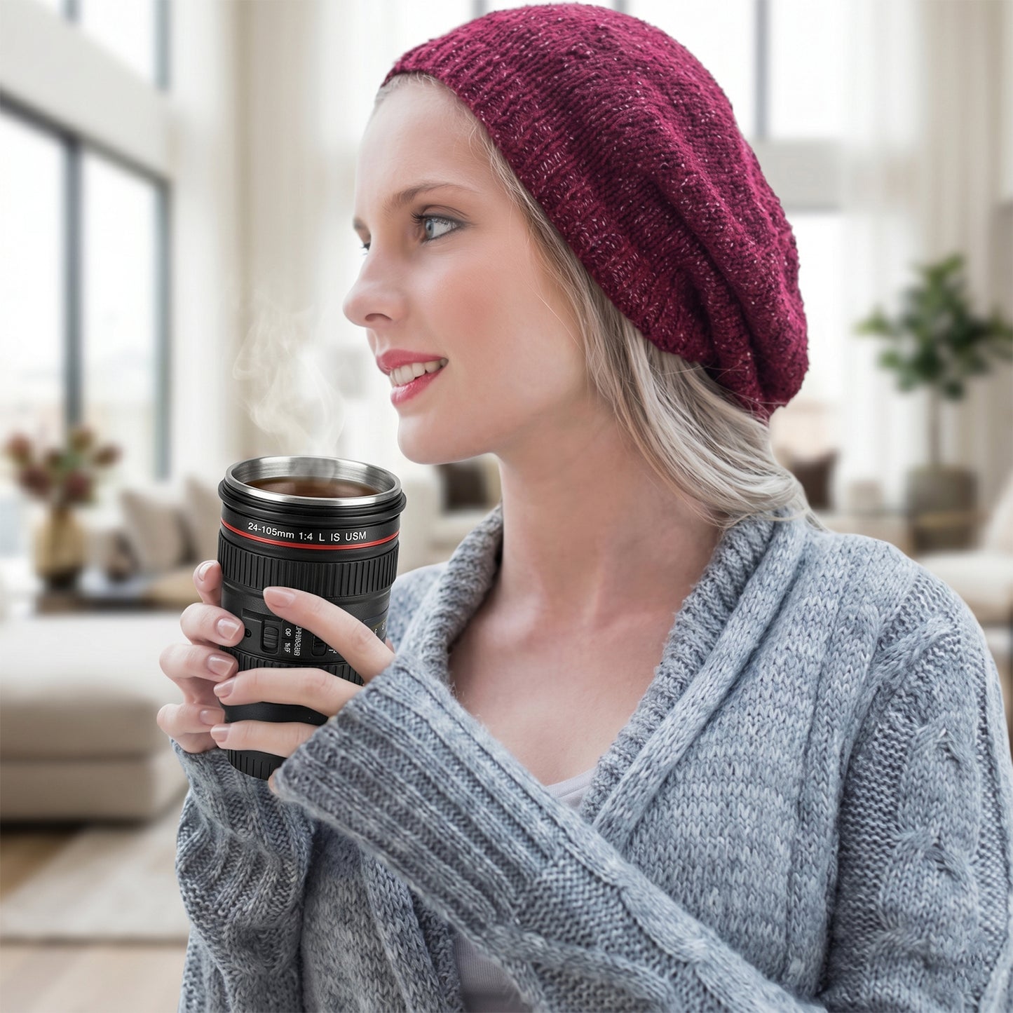 Camera Lens Shaped Coffee Mug Flask With Lid