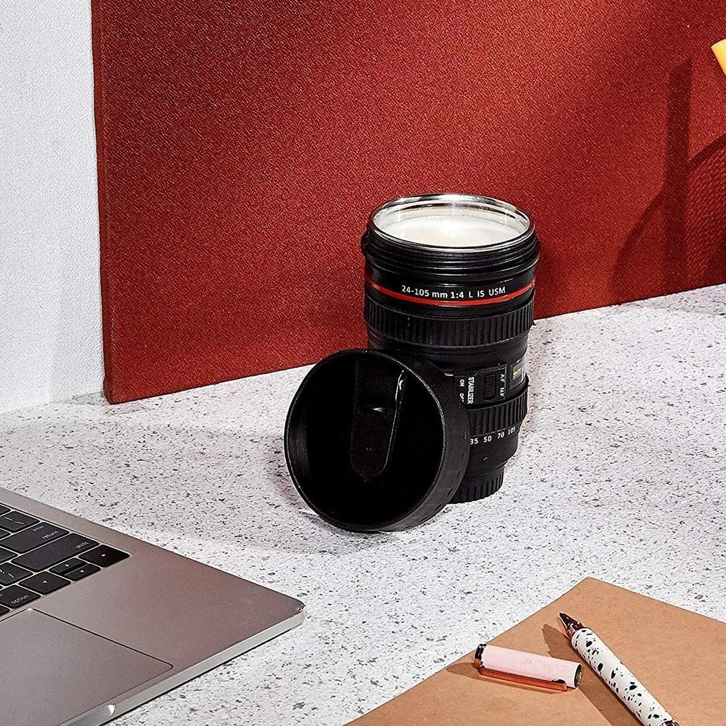 Camera Lens Shaped Coffee Mug Flask With Lid
