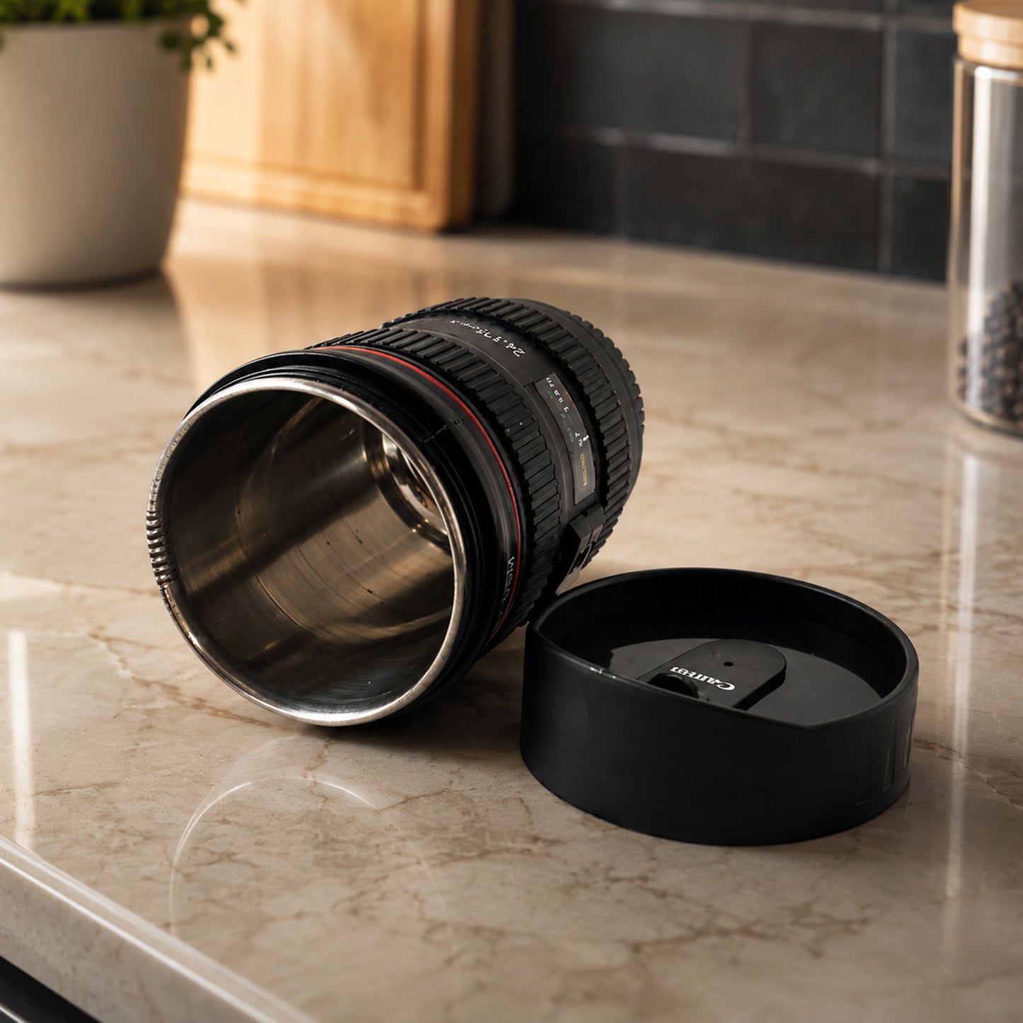Camera Lens Shaped Coffee Mug Flask With Lid