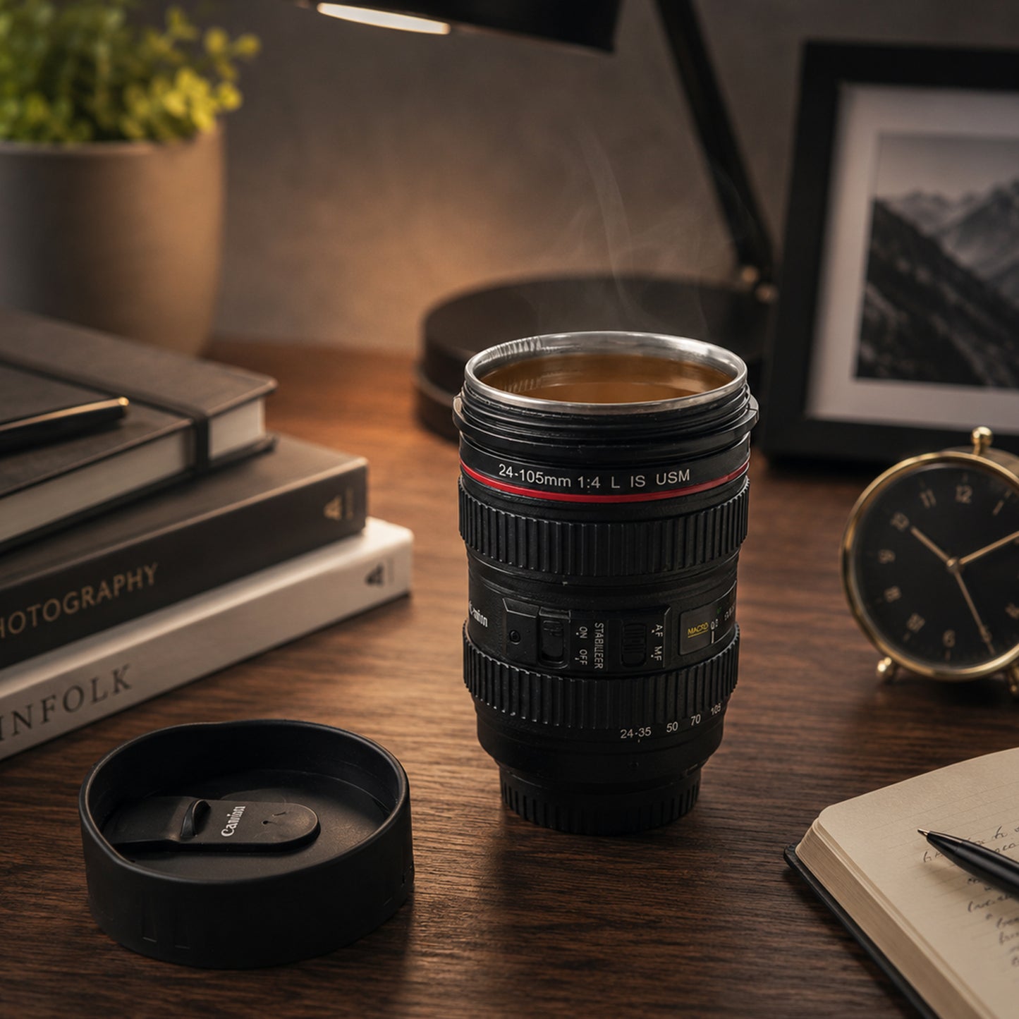 Camera Lens Shaped Coffee Mug Flask With Lid