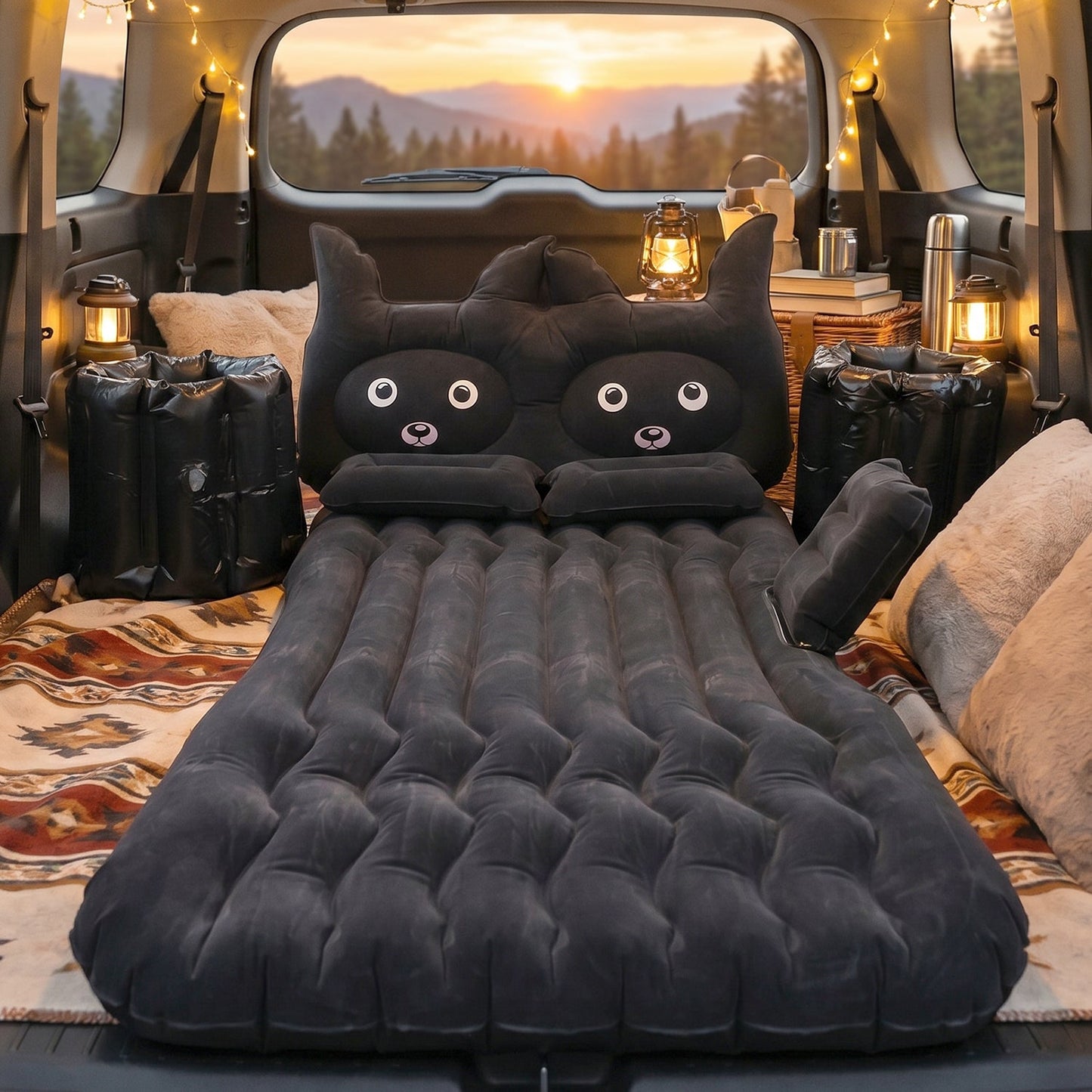 Cute Car Air Mattress Set with Black Cat Pillow for Comfortable Sleeping on the Go (1 Set)