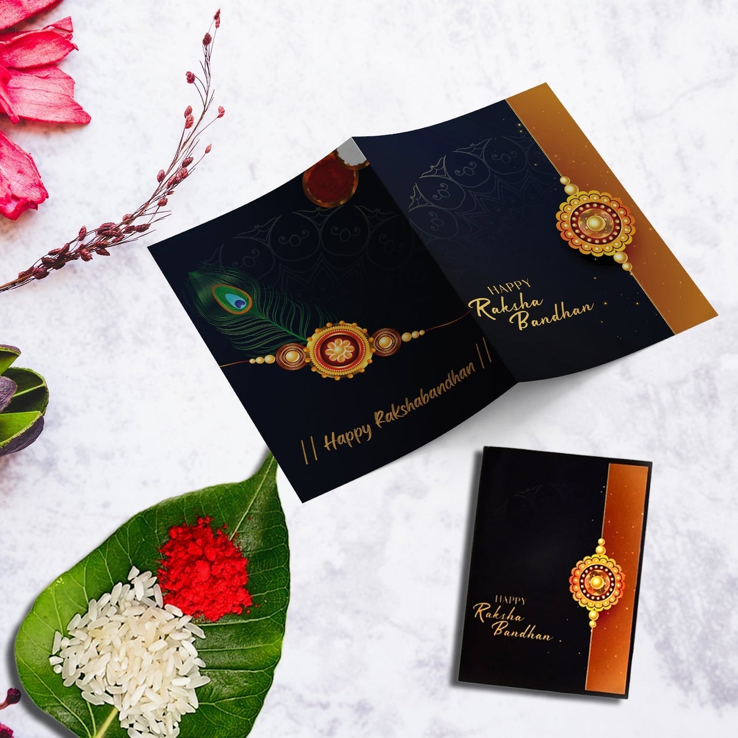 Festive greeting card with roli chawal pack in Ganesh rakhi combo