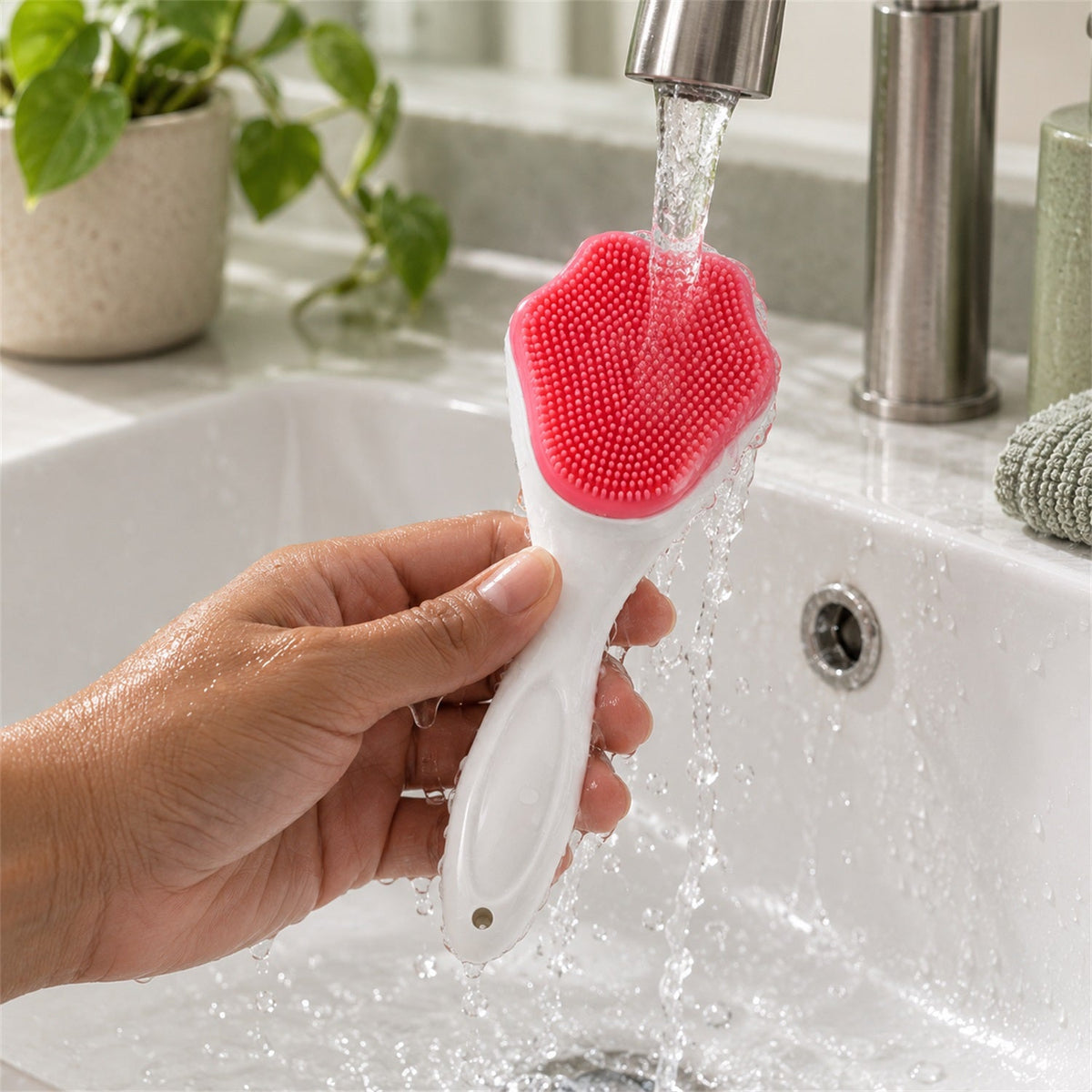A hand holds a pink and white silicone brush under running water from a silver faucet in a white sink.