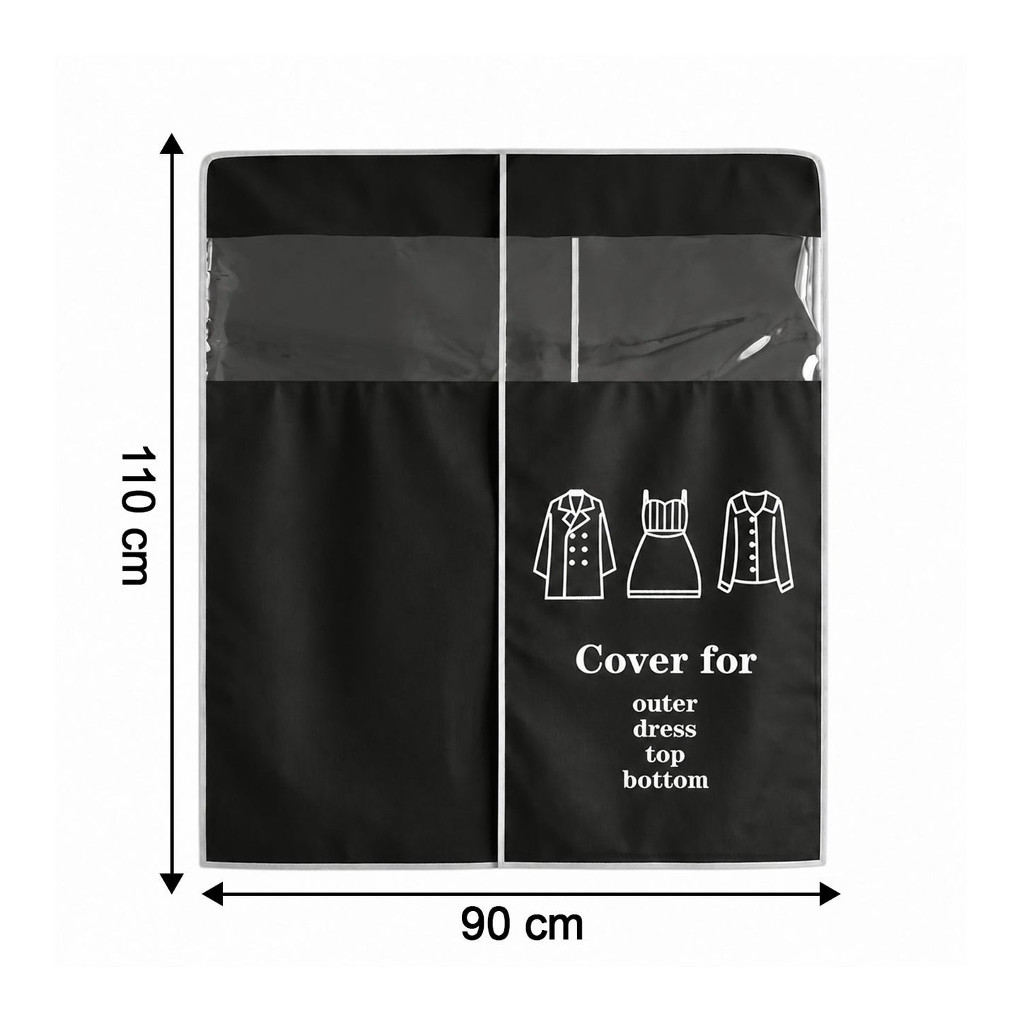Clothes hanging inside a dust cover on a rack