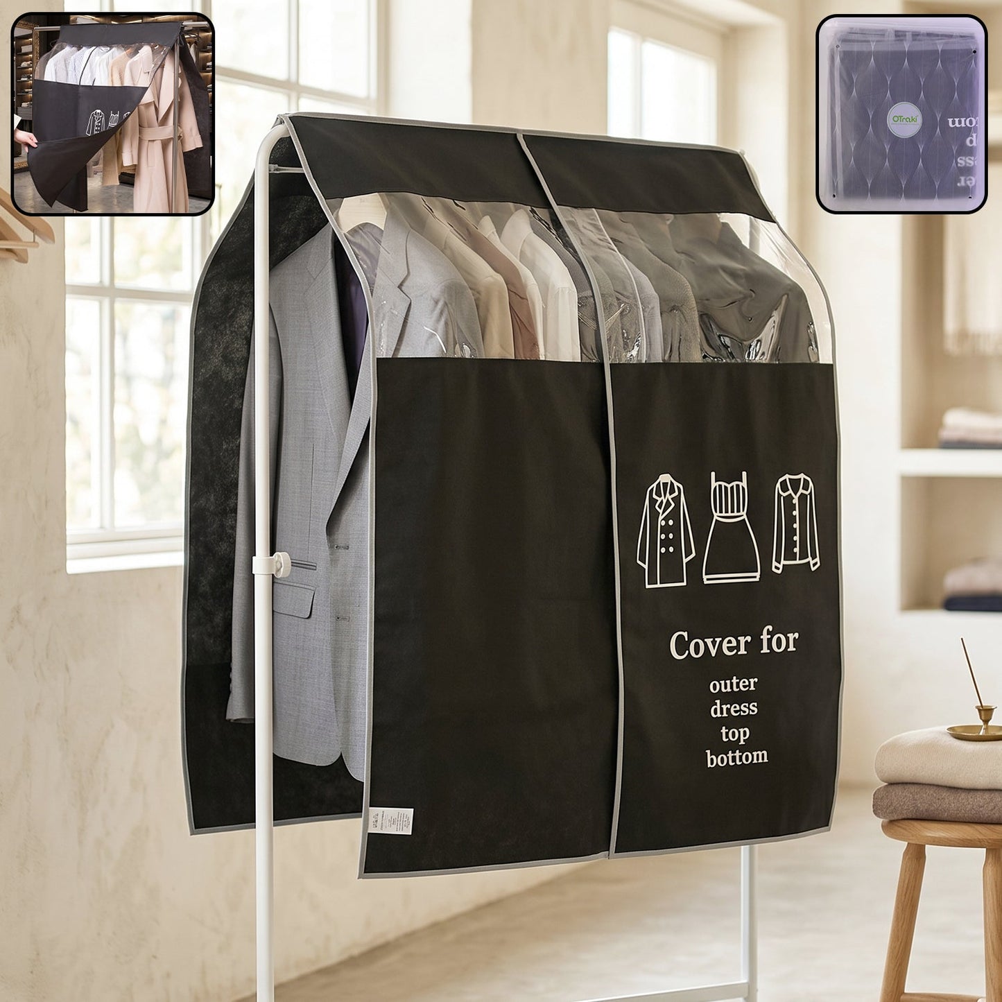 Hanging garment dust cover protecting clothes on a rack with clear window
