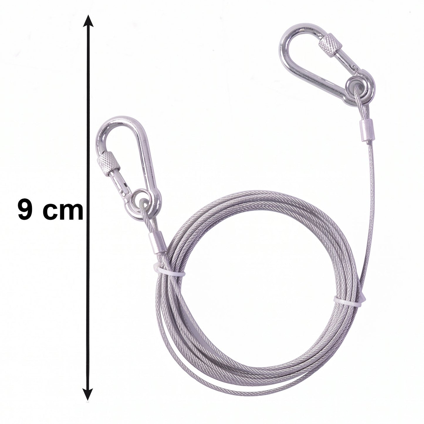 Stainless steel clothesline with carabiner hooks ready for outdoor installation and use.