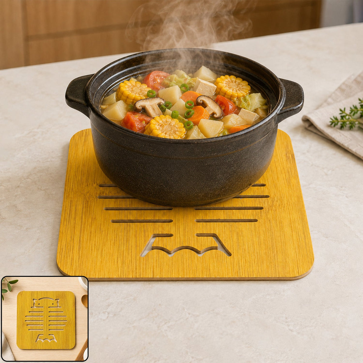 Square Wooden Trivet Mat with Cut Out Design for Hot Pots (1 Pc)