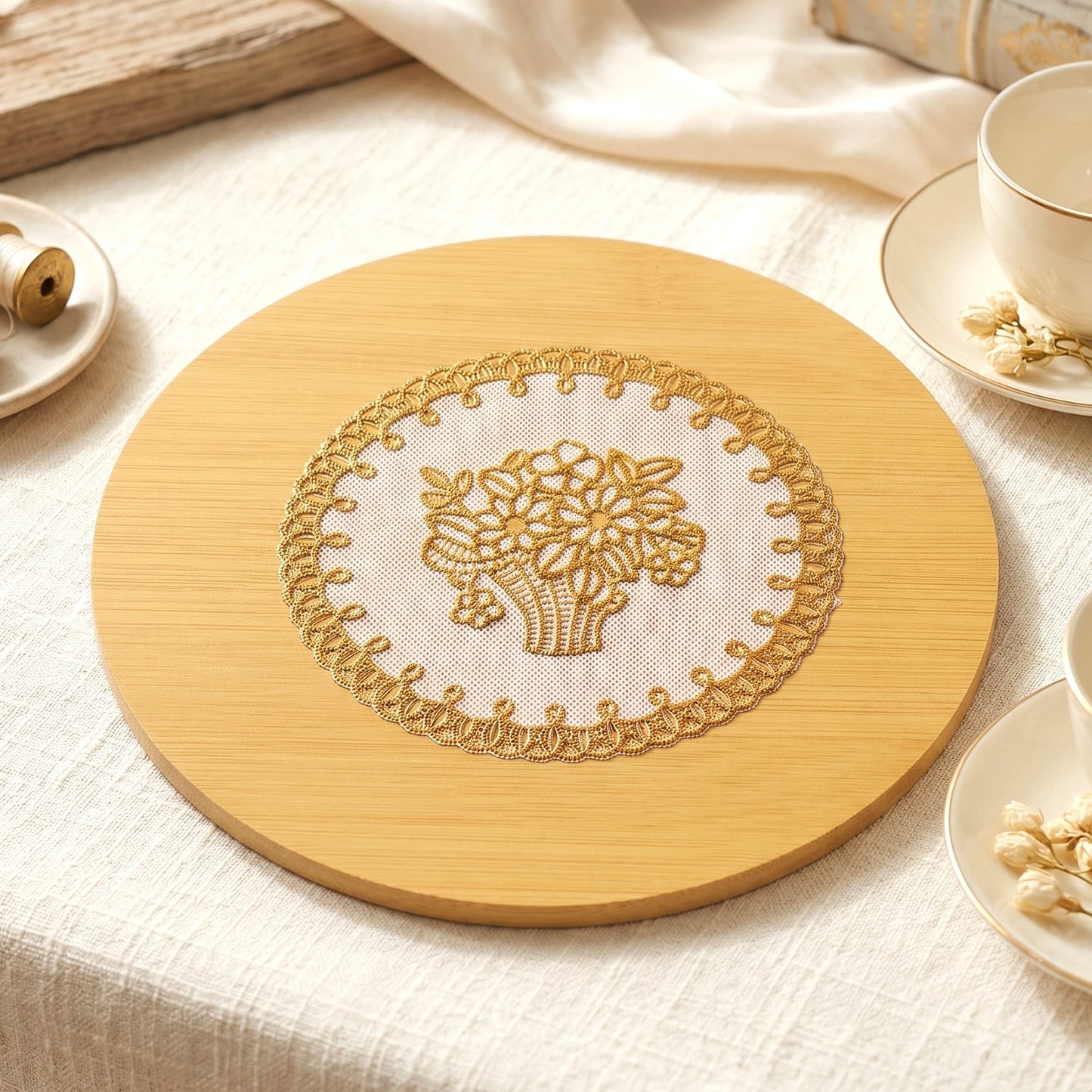 Wooden coaster with a hot cup on top in a cozy setting.