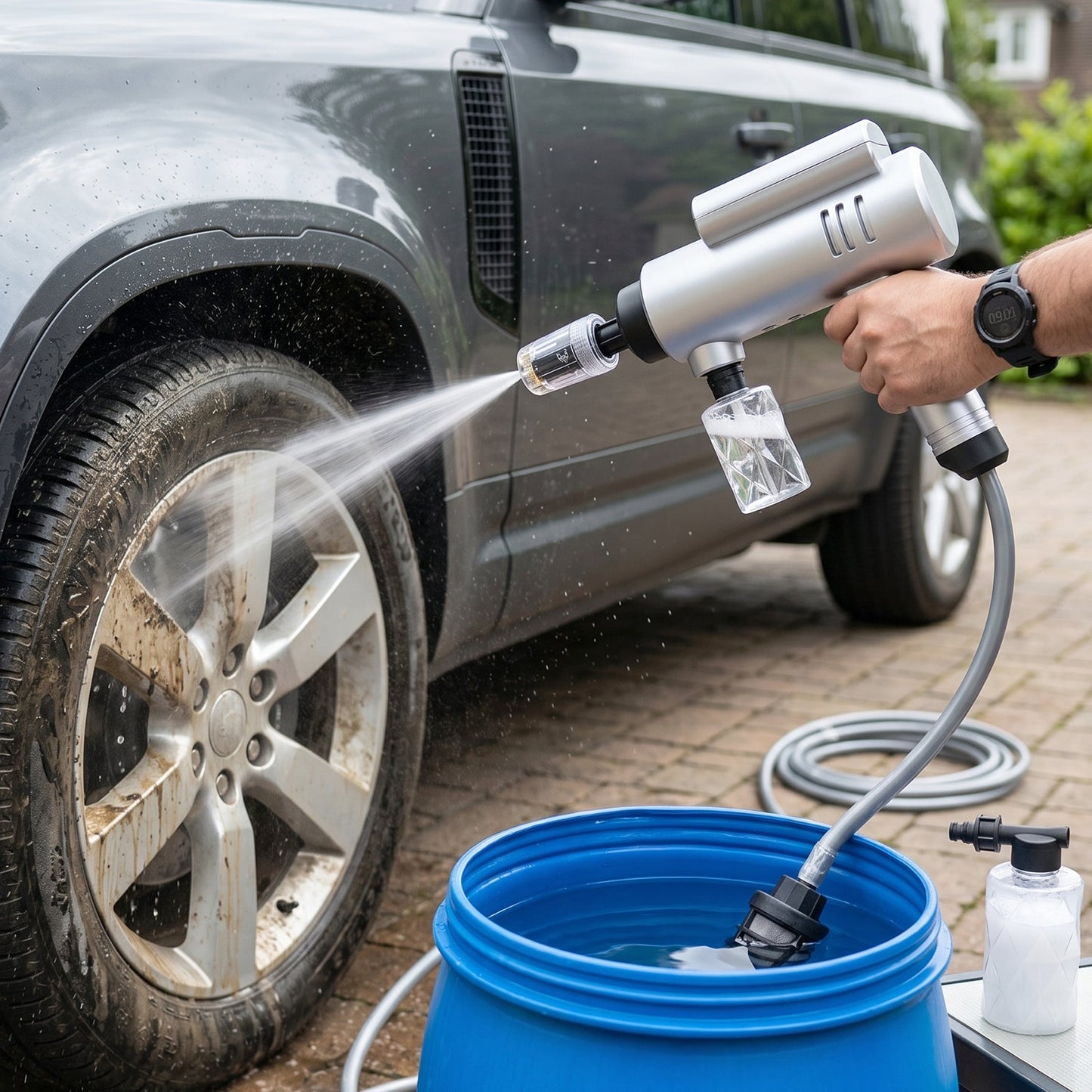 Rechargeable portable car washer gun with hose and foam bottle for quick cleaning