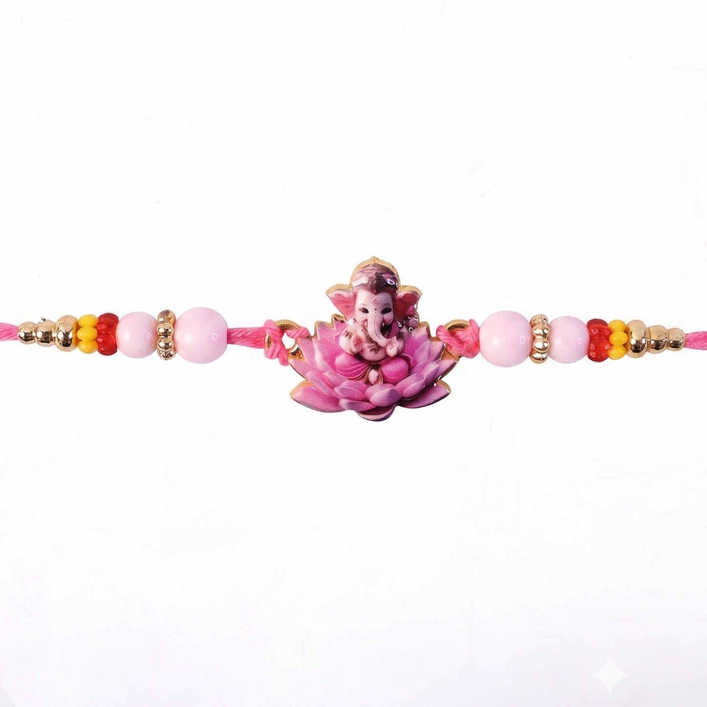 Pink lotus Rakhi with Lord Ganesha and decorative elements