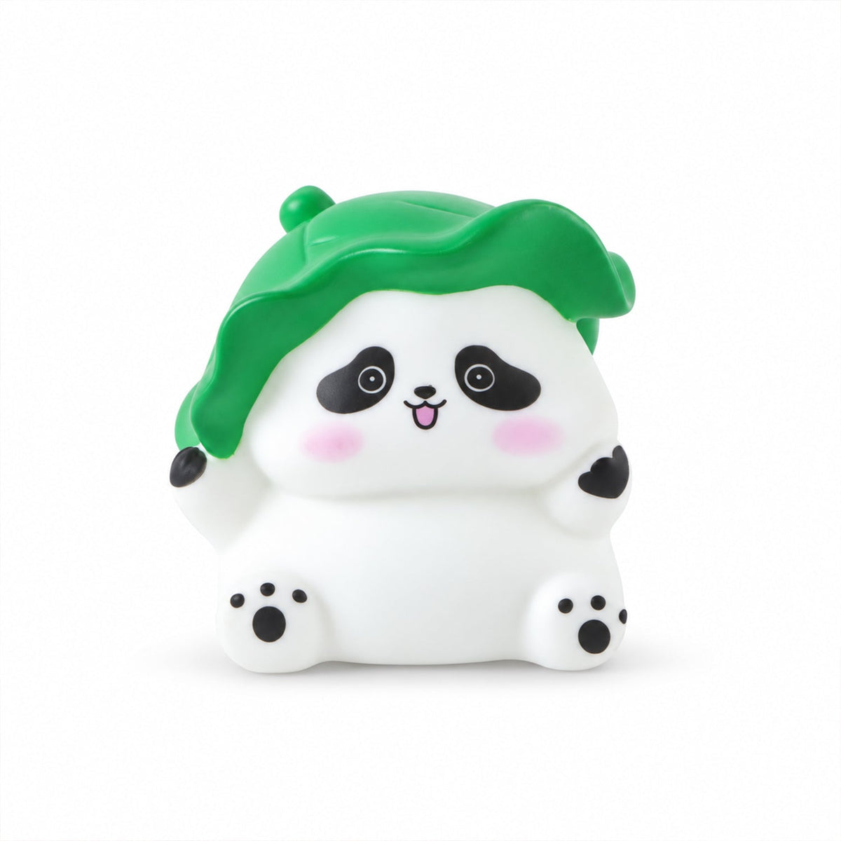 A white panda night light with a green leaf hat and black paw details is shown on a plain white background.