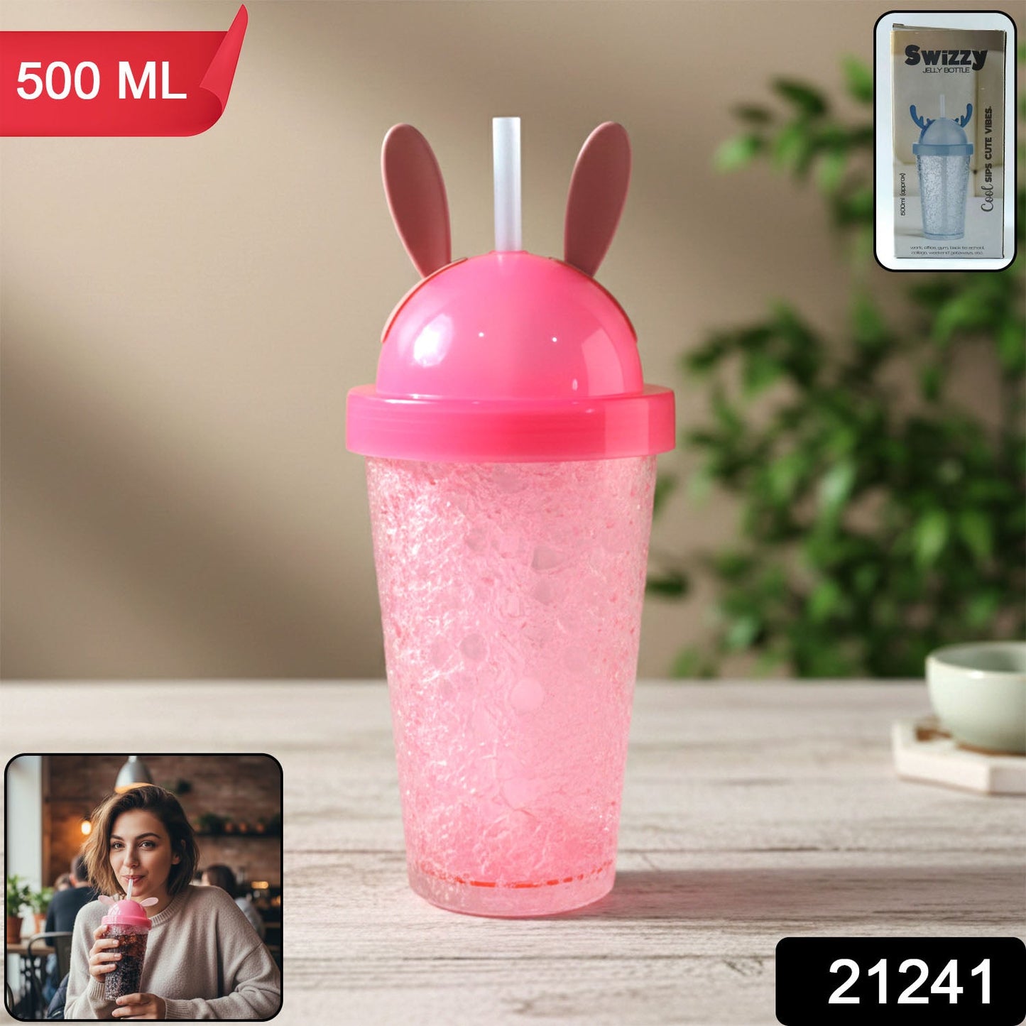 Cute Bunny Ear Design Tumbler Sipper Bottle (500 ML, 1 Pc)