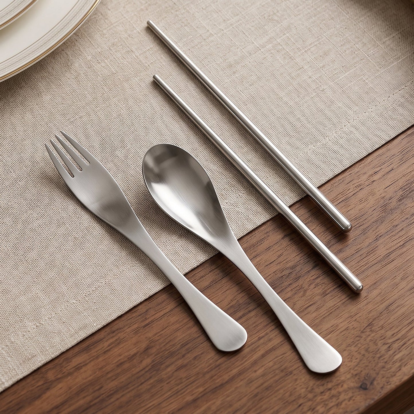 4-in-1 Portable Cutlery Set with Pouch, Steel Spoon Fork and Chopsticks (1 Set)