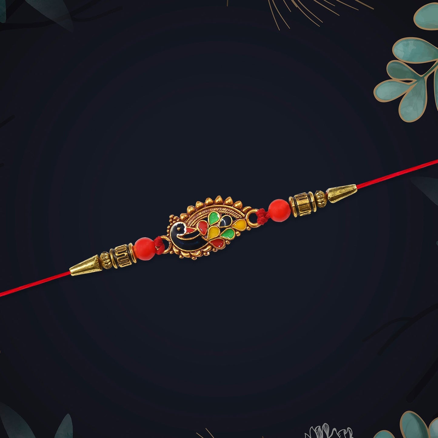 Elegant Peacock Rakhi featuring red thread and golden accents perfect for brother.