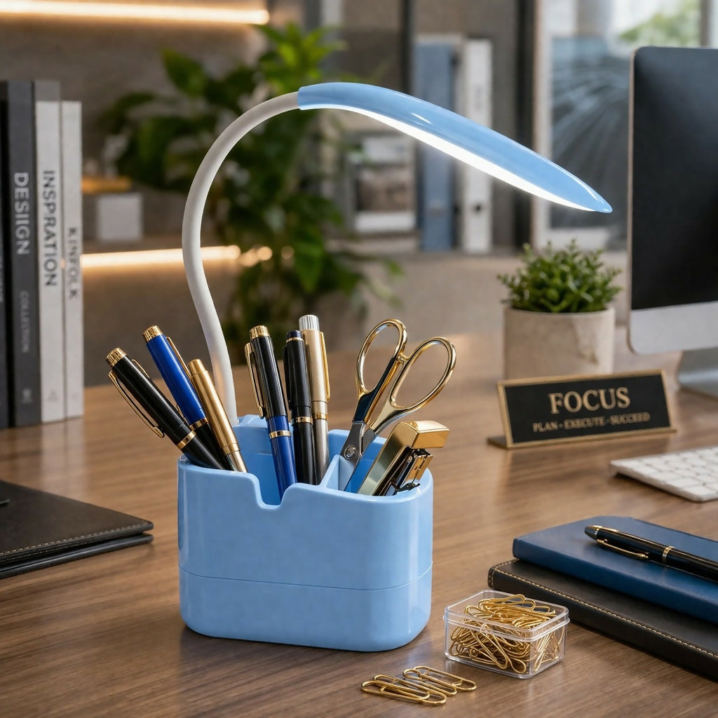 Blue LED Desk Lamp with Mobile Stand & Pen Holder, Flexible Study Light