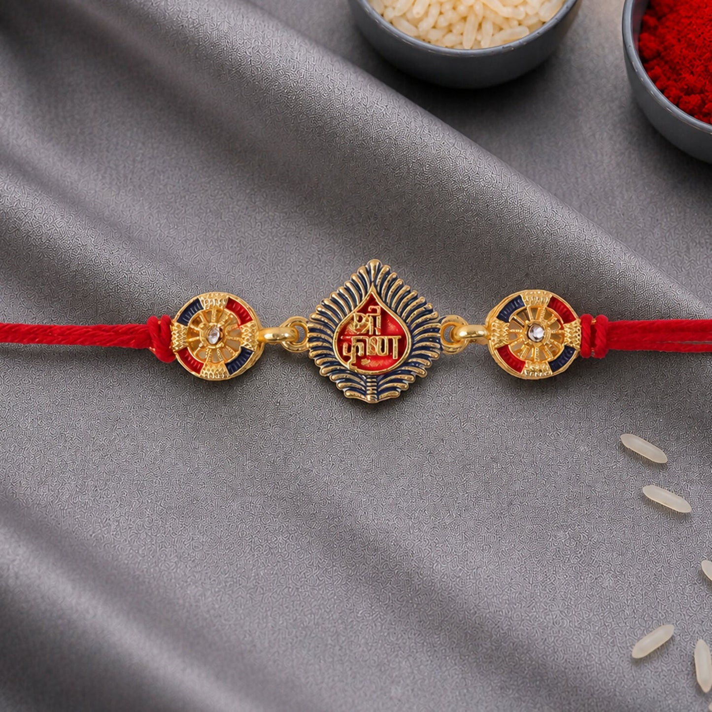 Close-up of Shri Krishna Rakhi showing detailed design