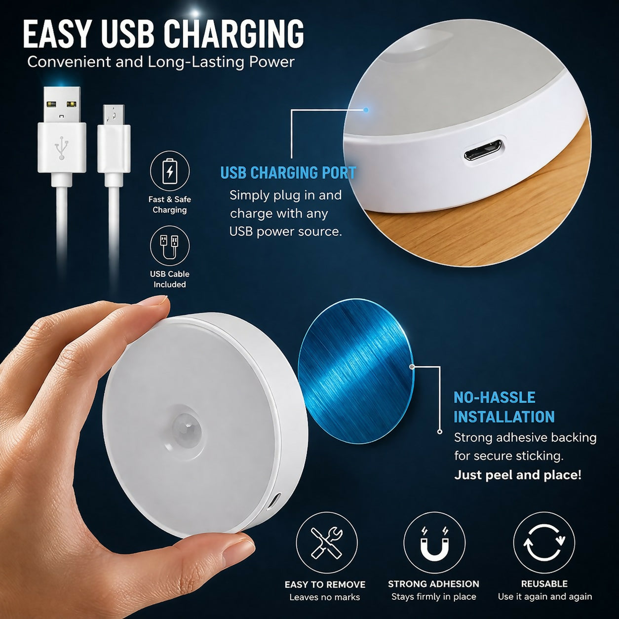 DeoDap Motion Sensor LED Night Light Rechargeable Wall Lamp - key feature close-up