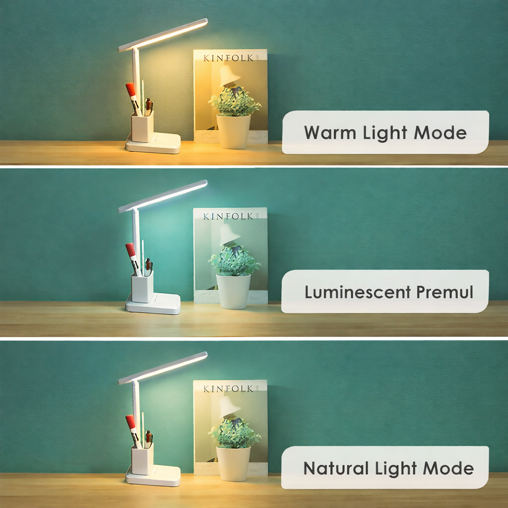 Blue LED Desk Lamp with Touch Control, Pen Holder & Adjustable Arm for Study
