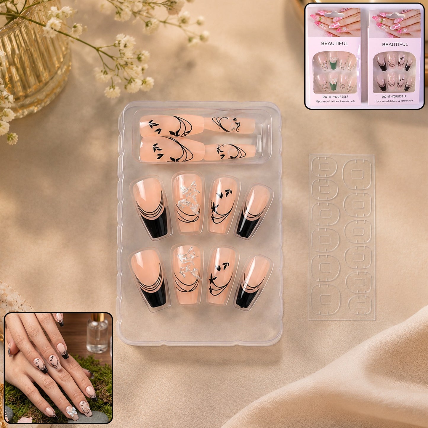 Premium Burgundy Artificial Nai fake nails- (Mix Design / 1 Set)