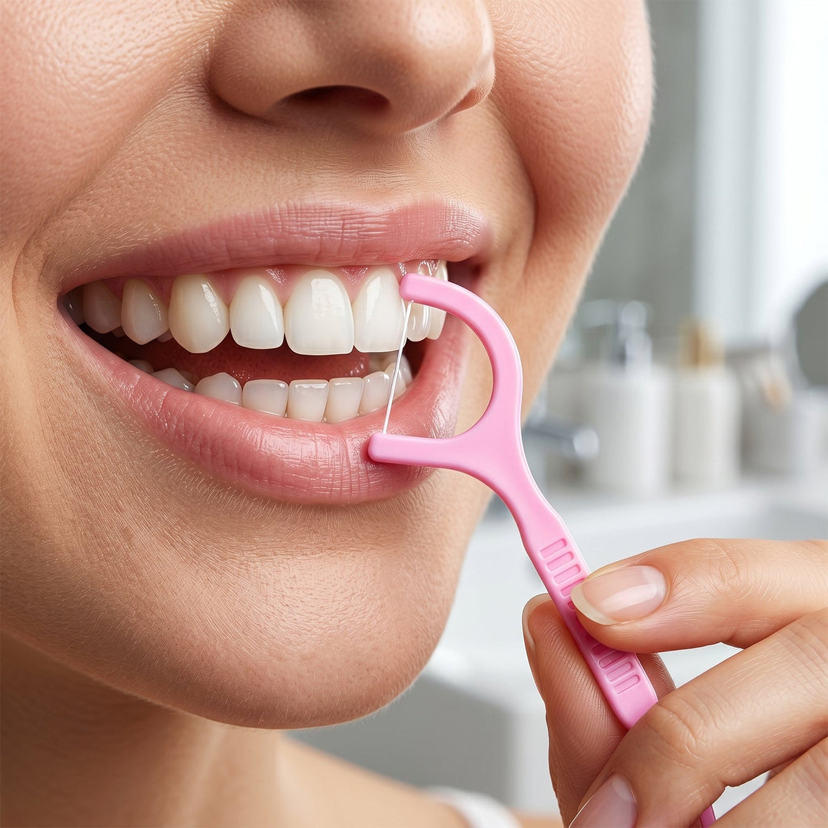 A close-up of a person's mouth using a pink dental floss pick to clean between their teeth.