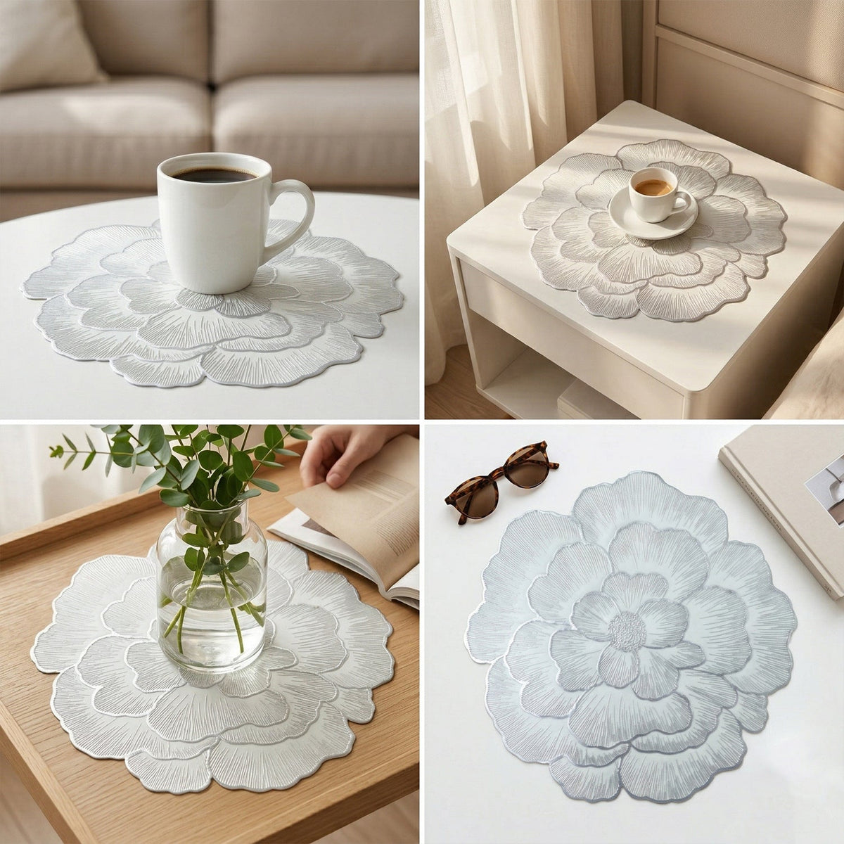 A collage of four scenes showing the silver floral placemat in various home settings.