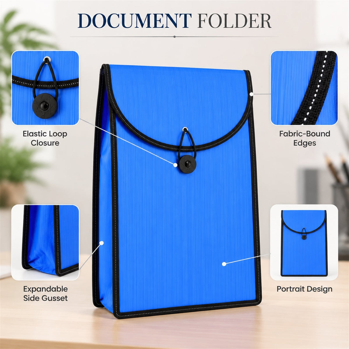 A blue plastic document folder with callouts highlighting its elastic loop closure, fabric-bound edges, and expandable side
