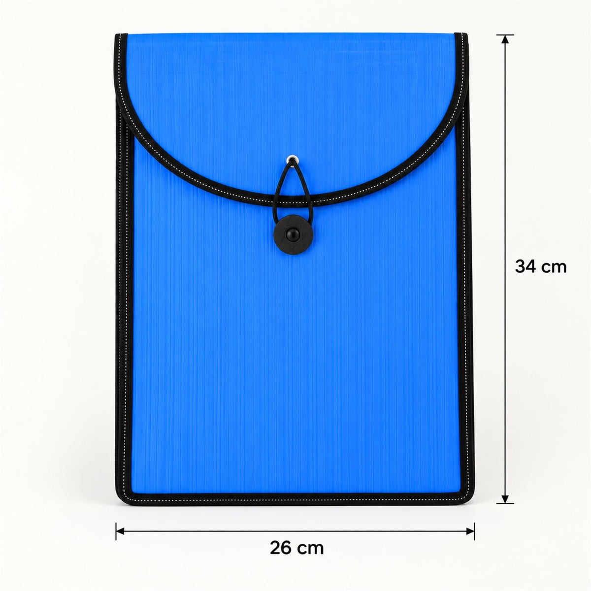 A blue plastic document folder with black trim and elastic closure, showing dimensions of 34 cm height and 26 cm width.