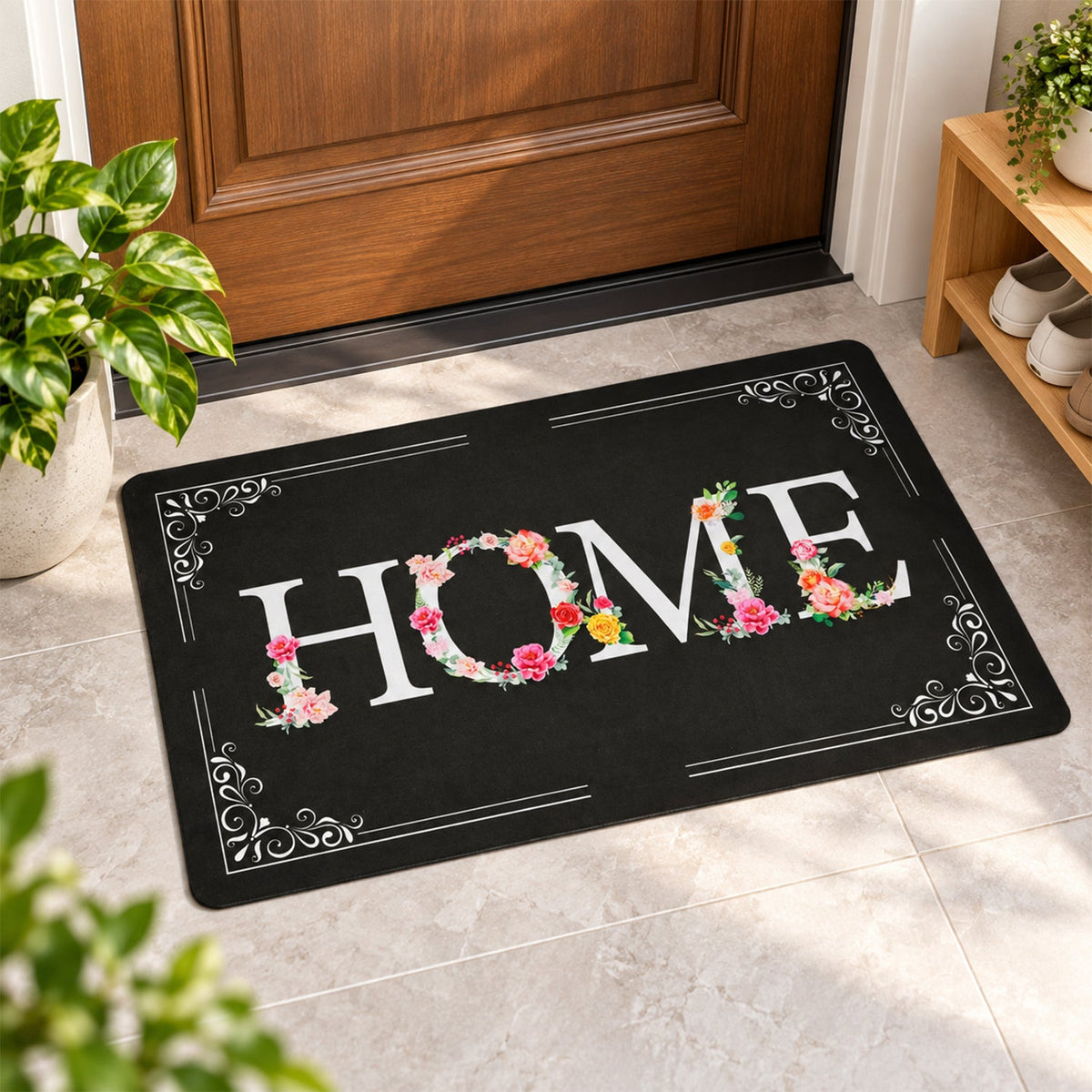 A black rectangular mat with a white and floral HOME design rests on a tiled floor by a wooden door.